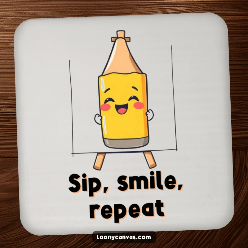 Funny drink coaster with a giggling crayon drawing a smiley face, adding artistic smiles to surfaces.