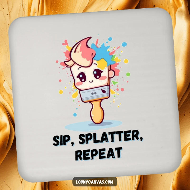 Funny drink coaster featuring a shy paintbrush dramatically splattering paint, protecting surfaces with artistic humor.