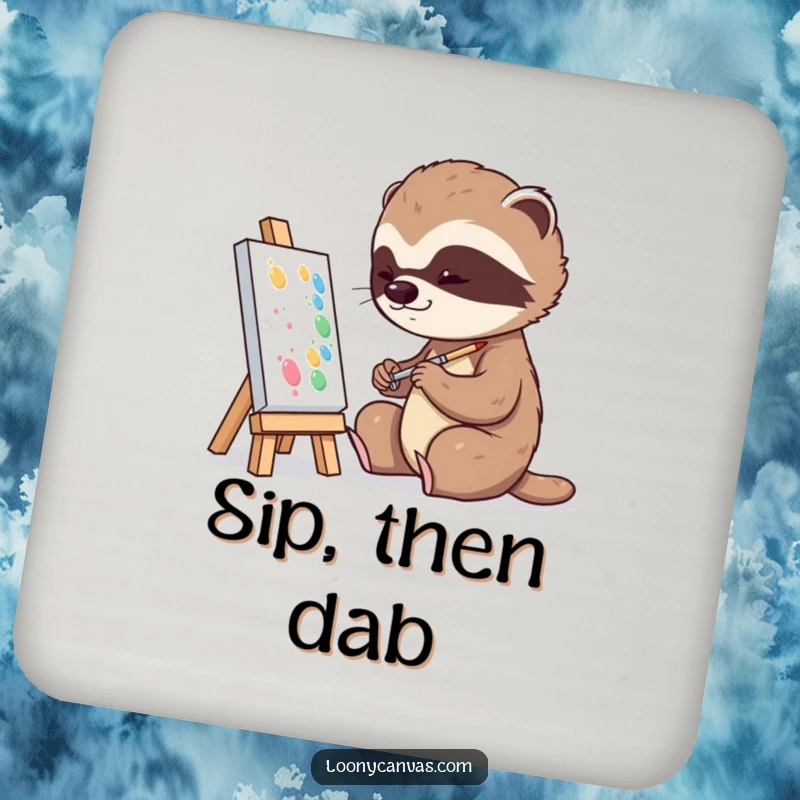 Funny playful sloth character slowly dabbing paint onto a tiny canvas on a drink coaster, for art decor.