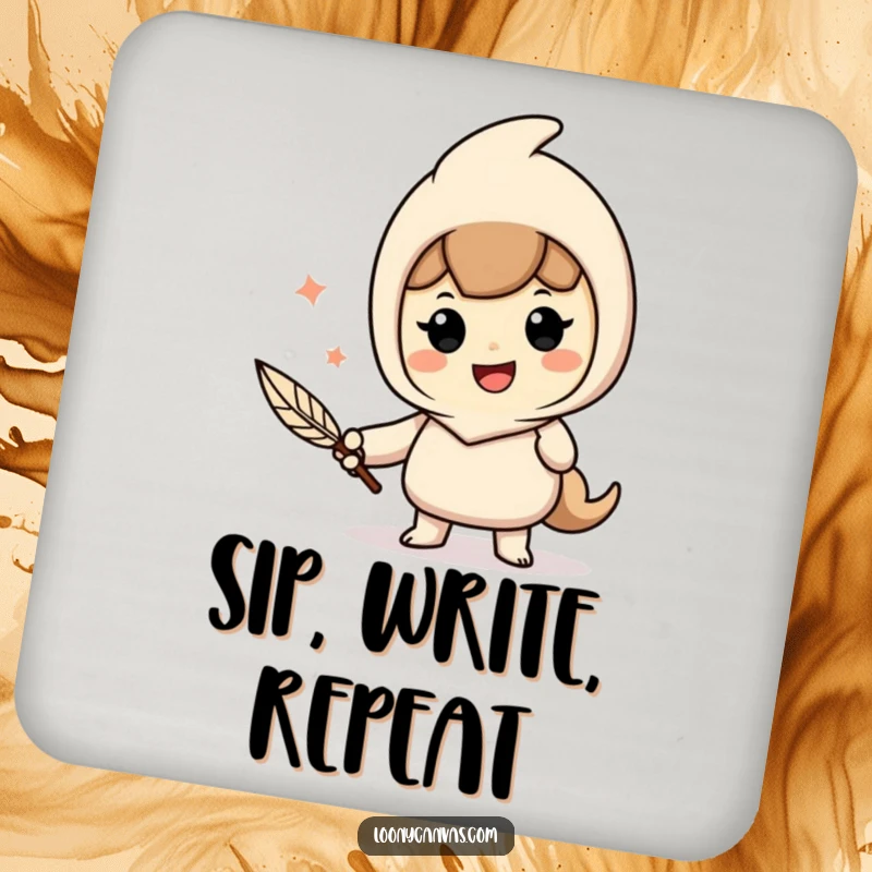 Funny drink coaster featuring a cheerful character enthusiastically writing with a quill pen, adding literary humor to any surface.