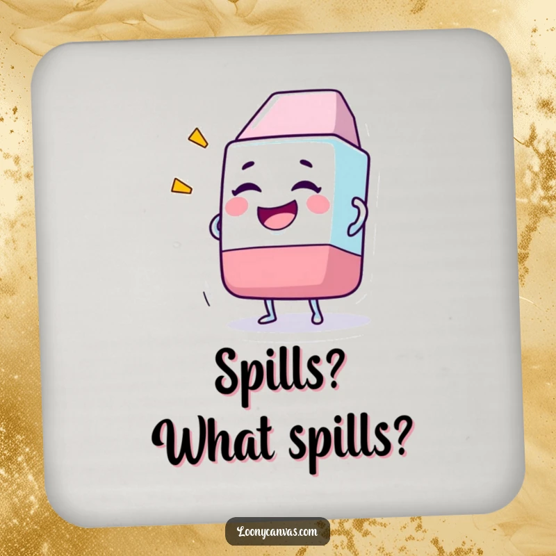 Funny coaster featuring a grinning eraser character joyfully wiping away a comically large drawing.