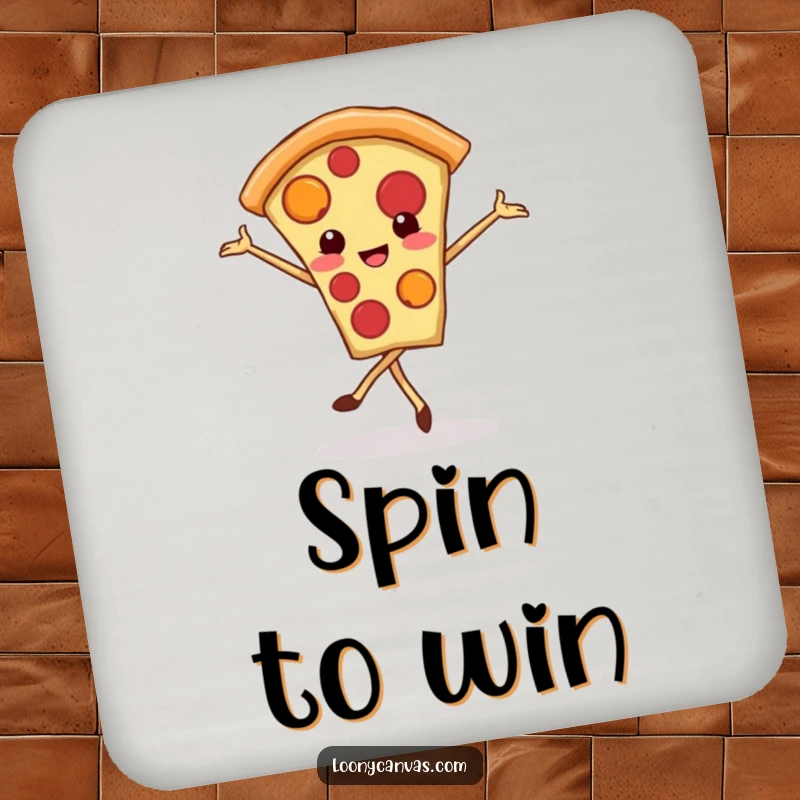 Funny kawaii pizza slice coasters, a smiling pizza slice performing a ballet pirouette, protecting surfaces with delicious style.