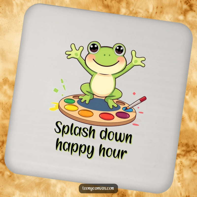 Funny joyful frog character jumping into a paint palette, this coaster is a funny gift for protecting tables.