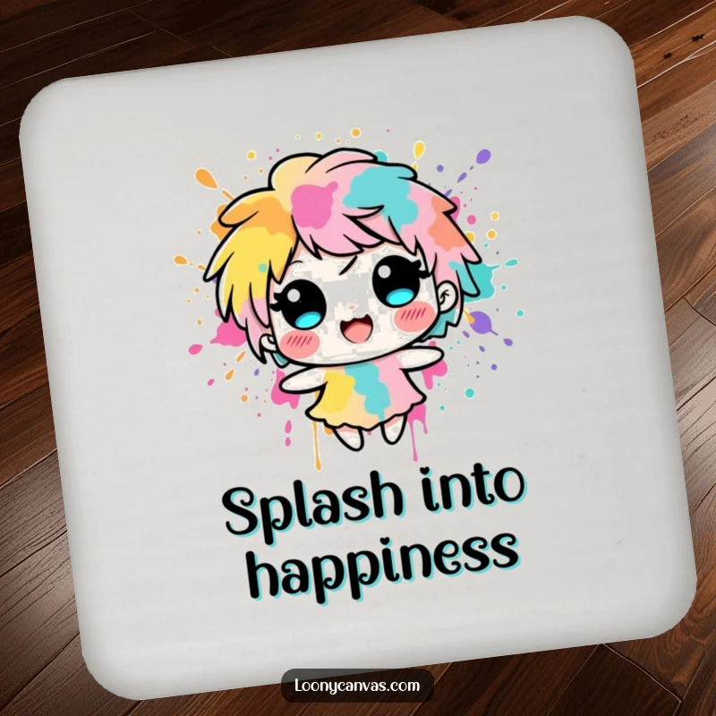 Funny delighted ink blot character splashing with vibrant colors on a drink coaster, adding artistic protection.