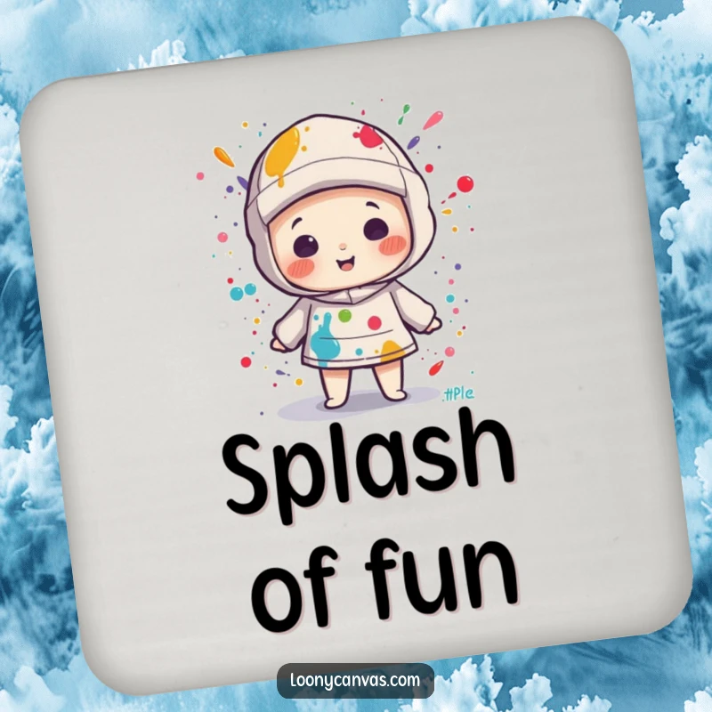 Funny kawaii canvas character splattered with colorful paint on a round drink coaster, bringing artistic flair to any table.