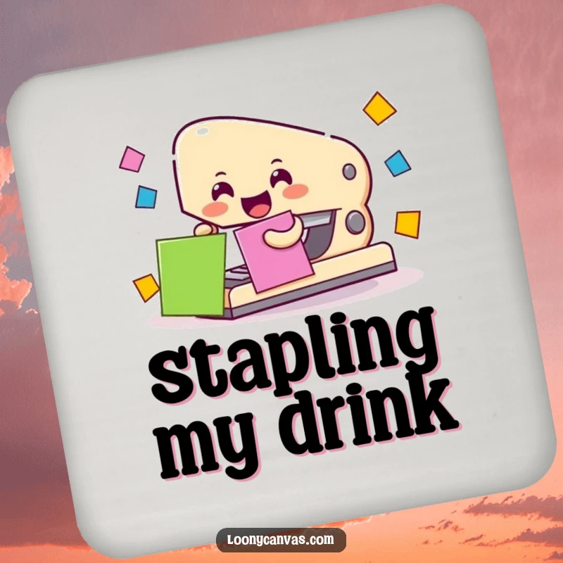 Cheerful stapler character attaching colorful paper squares, as a protective drink coaster.