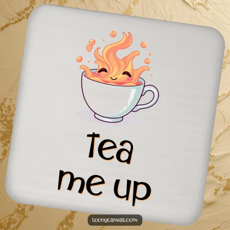 Funny kawaii giggling teacup overflowing with vibrant tea on a drink coaster, adding humorous protection to tabletops.