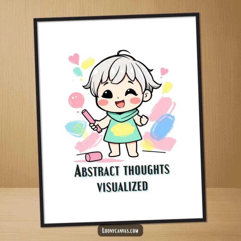 Funny art poster of a gleeful character creating abstract shapes with colorful chalk, adding cheerful decor.