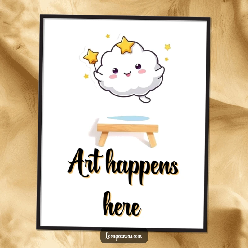 Funny kawaii starry cloud character performing a spirited leap over a miniature canvas, adding artistic flair. A delightful funny wall art.