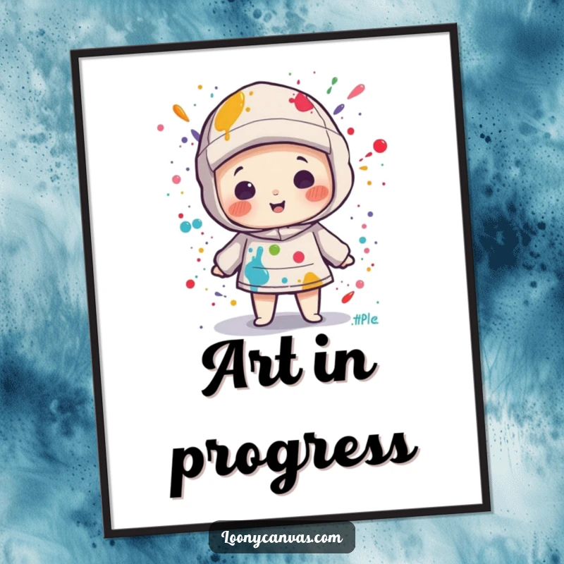 Funny kawaii canvas character covered in vibrant paint splatters on a high-quality poster, celebrating artistic expression.