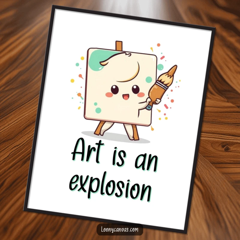Funny determined Kawaii paintbrush character painting a splattered canvas, a humorous and eye-catching wall art poster.