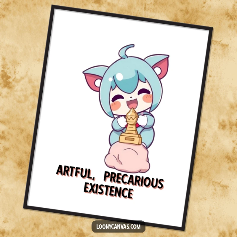 Funny poster featuring a delighted character with a look of concentration, attempting to balance a tiny sculpture on their hand.