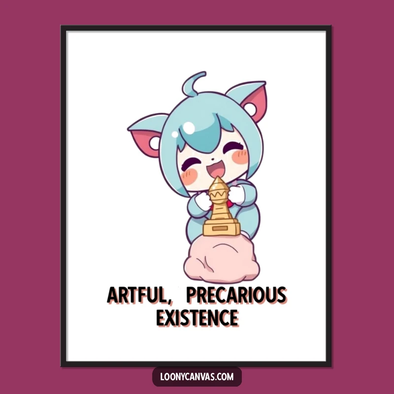 Funny Art Poster: Delighted Character Balancing Sculpture, Whimsical Home Decor Gift