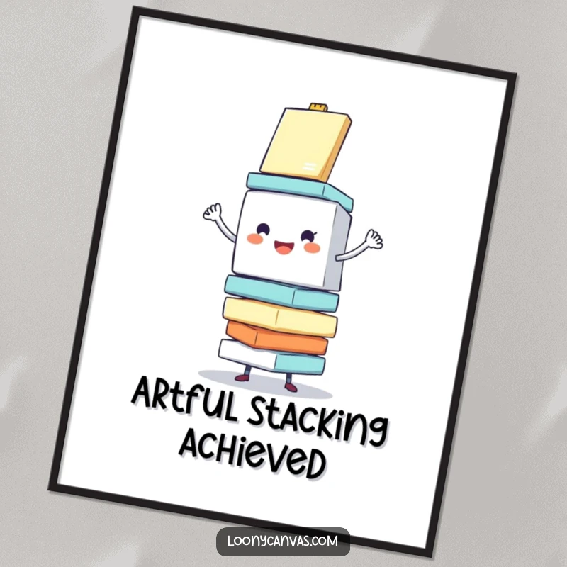 Funny poster illustrating a cheerful cube character enthusiastically balancing a stack of wobbling canvases, a humorous piece of art decor.