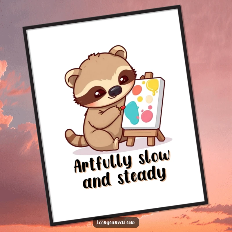 Funny poster art of a playful sloth character slowly dabbing paint onto a tiny canvas, celebrating artistic perseverance.