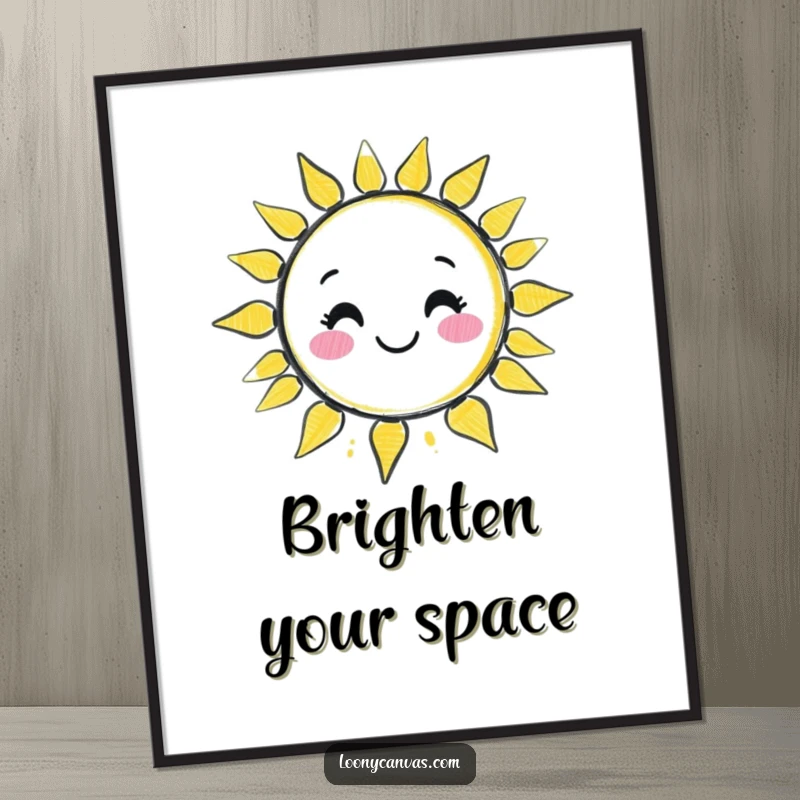 Funny kawaii chalk character drawing a wobbly, smiling sun on a high-quality poster, bringing innocent joy to any room.