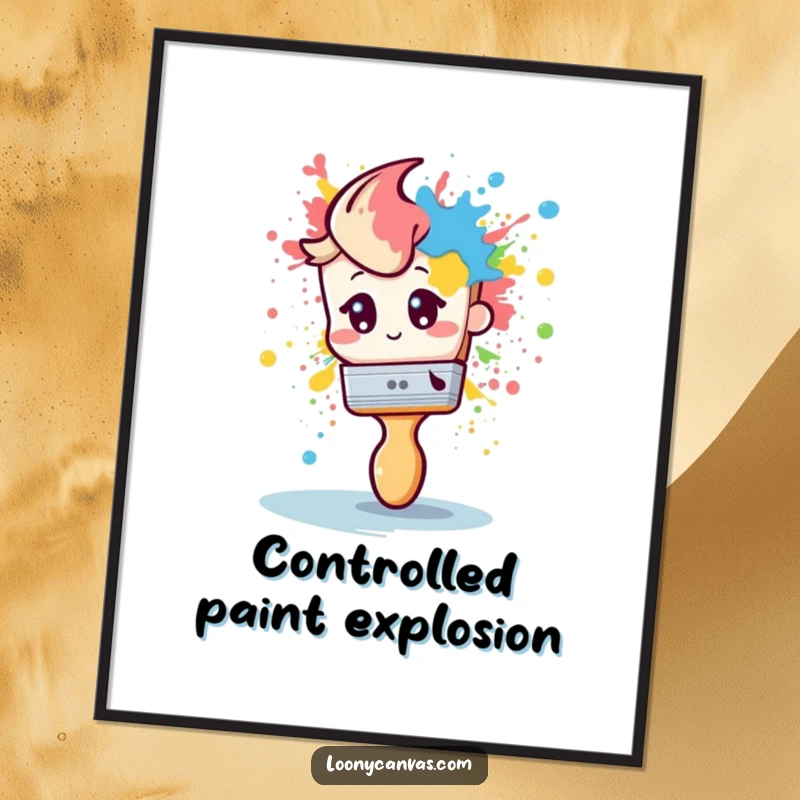 Funny poster depicting a shy paintbrush's dramatic paint splatter, adding humorous artistic flair to any room.
