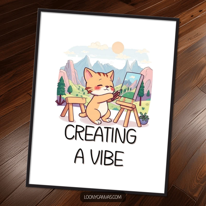 Funny poster art of a frantic cat intently painting a surreal and imaginative landscape, capturing artistic passion.