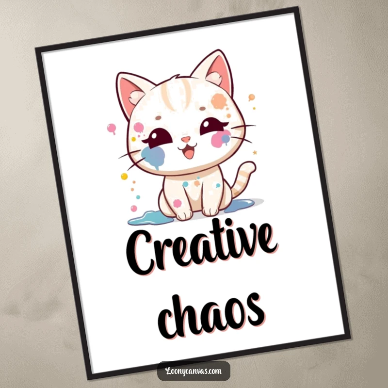 Funny kawaii cat poster, a cat with paint splatters on its face, gleefully splattering paint, vibrant wall art.