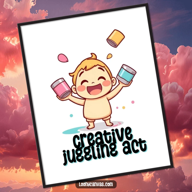 Funny juggling paint poster, a jolly character skillfully juggling multiple paint cans. Dynamic and colorful art.