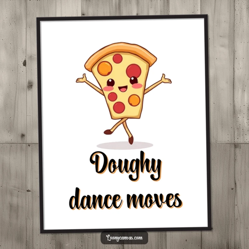 Funny kawaii pizza slice poster, a smiling pizza slice enthusiastically doing a ballet pirouette, vibrant wall decor.