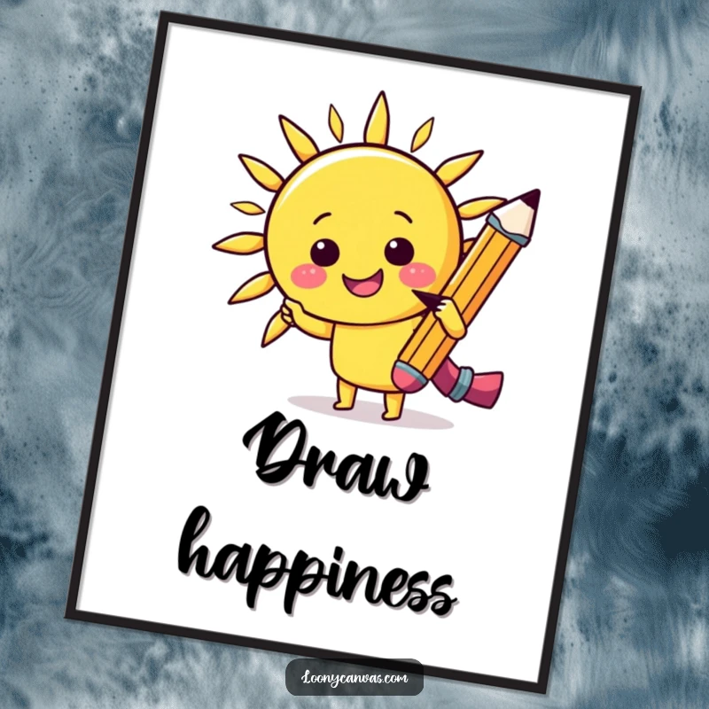 Funny kawaii cheerful pencil sketching a smiling sun on a poster, perfect for cheerful wall art and humorous gifts.