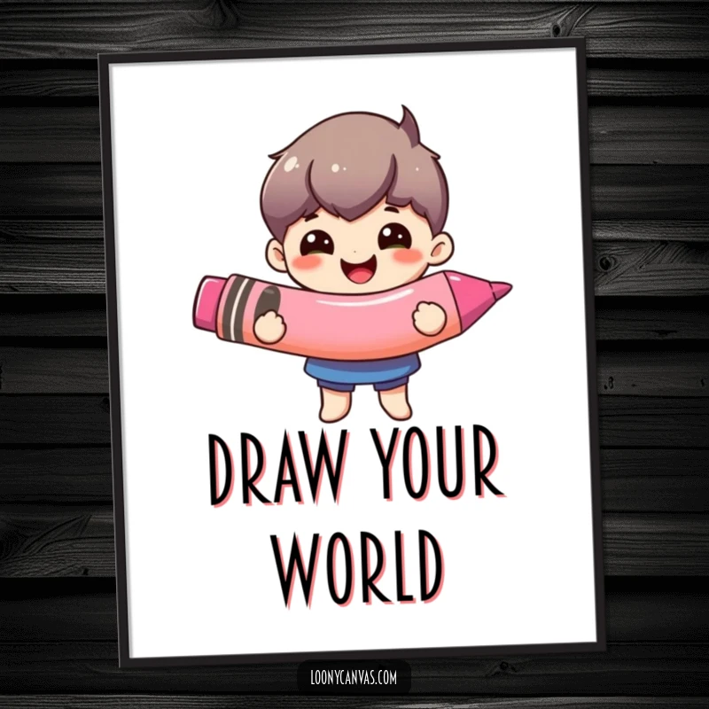 Funny giant crayon poster, a happy character delightedly holding an impressively large crayon. Whimsical wall art.