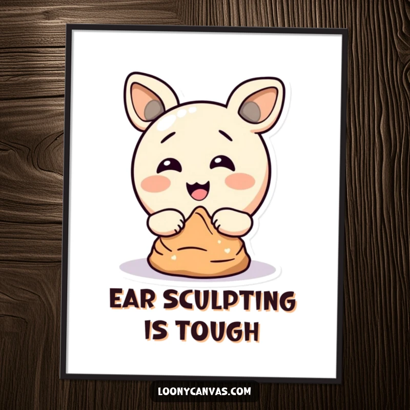 Funny poster illustrating a delighted circle character comically sculpting clay with its ears, a bizarre yet amusing artistic pursuit.