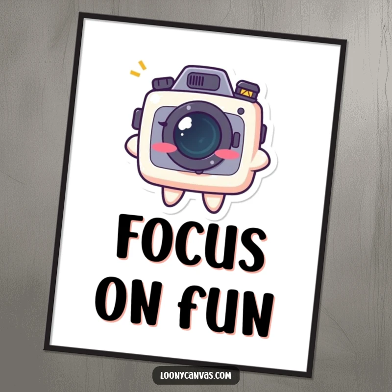 Funny kawaii camera character flashing a mischievous grin on a high-quality poster, celebrating photography with a humorous touch.