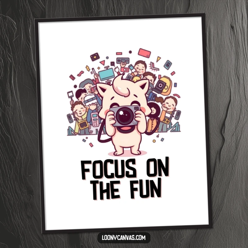 Funny happy Kawaii camera character capturing a chaotic photo, presented as poster art for creative vibes.