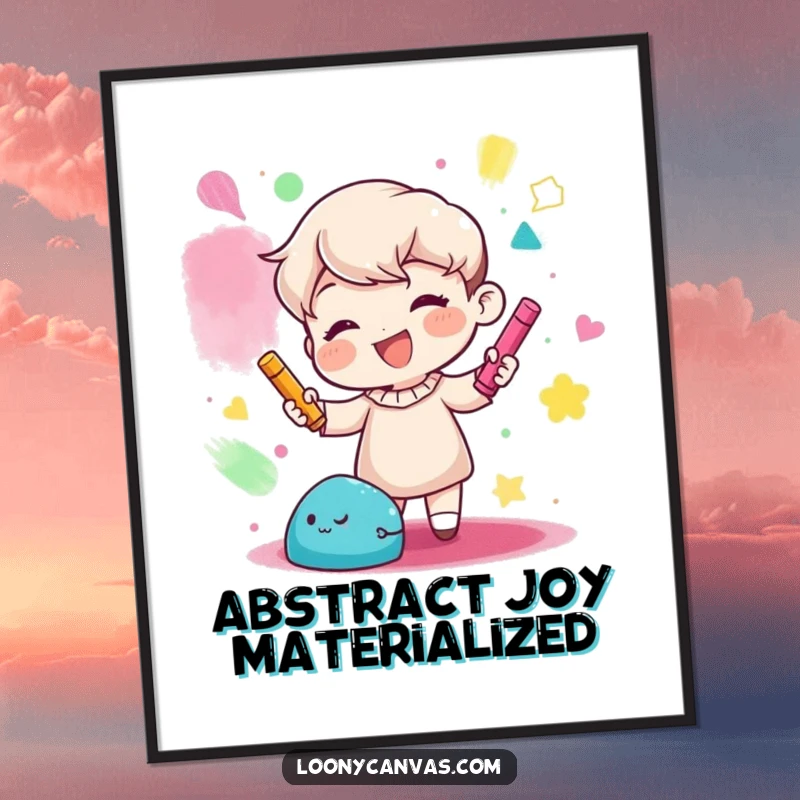 Funny poster art of a gleeful character joyfully creating abstract shapes with colorful chalk, bringing vibrant energy to decor.