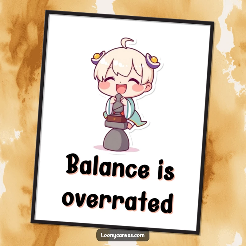 Funny poster art of a delighted character carefully attempting to balance a tiny sculpture, showcasing a humorous artistic endeavor.