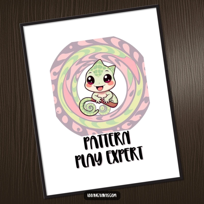 Funny poster featuring a cheerful chameleon character blending perfectly into a mesmerizing, colorful swirling pattern, ideal for playful wall decor.