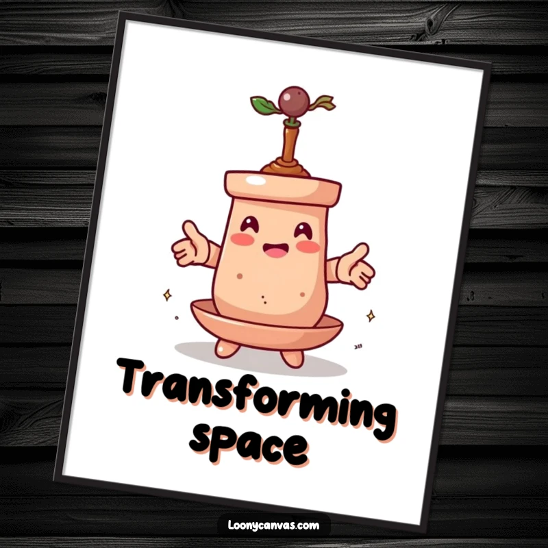 Funny poster featuring a spinning clay pot character in the process of transformation, ideal for adding humorous, artistic decor to any space.