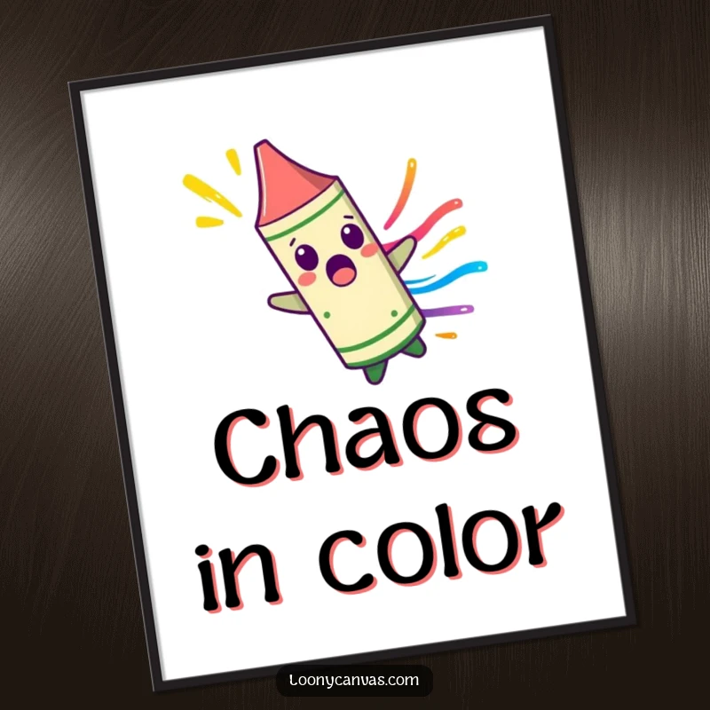 Funny surprised crayon character spinning uncontrollably, leaving a colorful streak on a poster, bringing vibrant energy and artistic flair.