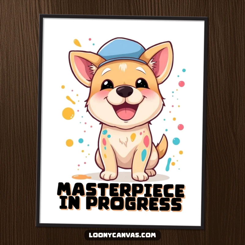 Funny poster of a happy dog in a beret, energetically splattering paint, representing abstract art with pure joy.