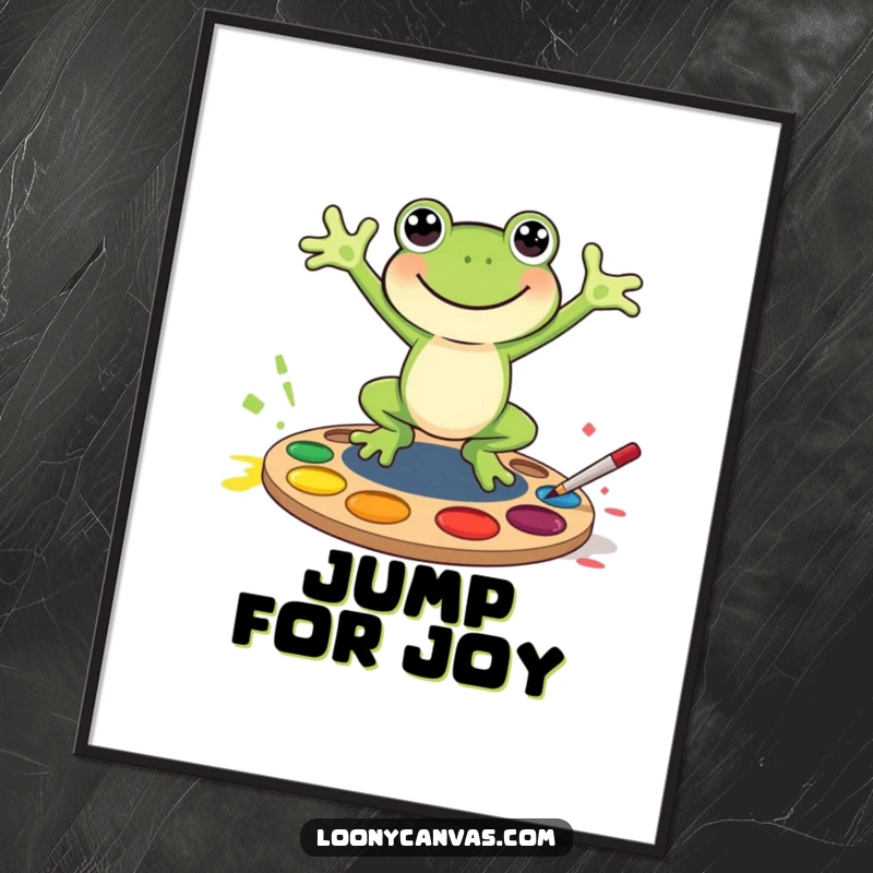 Funny joyful frog cartoon jumping into a paint palette, this poster is a vibrant and funny gift for art spaces.
