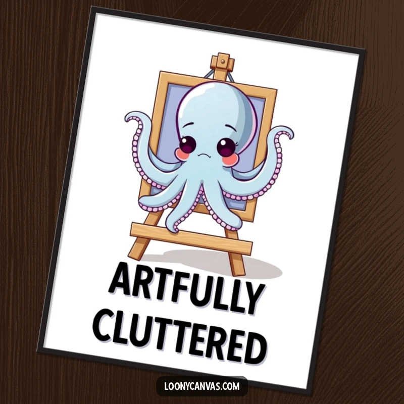 Funny goofy octopus character trying to hang a painting with all arms on a poster, ideal for wall decor.