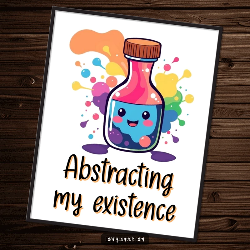 Funny poster print of a happy ink bottle character joyfully spilling a mesmerizing rainbow of abstract patterns.
