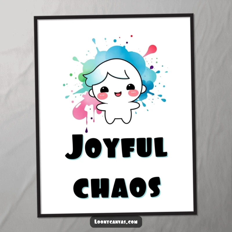 Funny poster art of a happy character created from a playful ink splatter, a cheerful and artistic piece for any room.