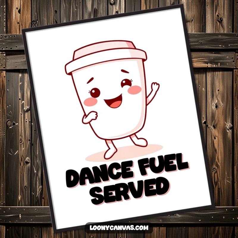 Funny kawaii coffee cup character performing a lively jig, bringing vibrant energy to any wall. A cheerful and funny art print.