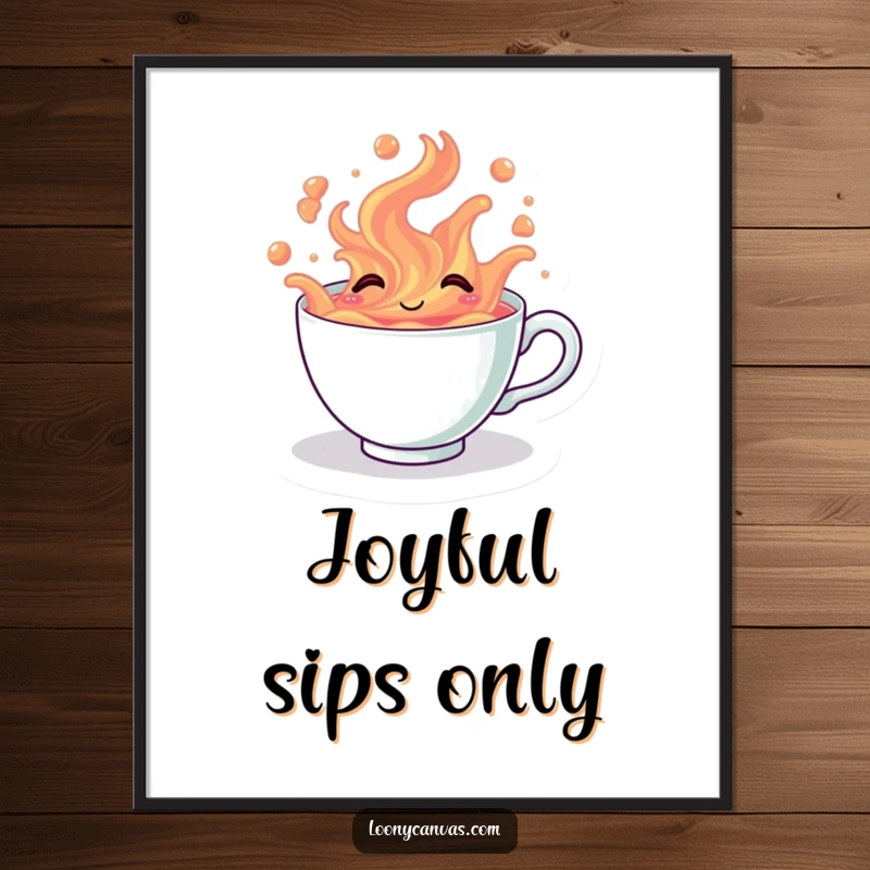 Funny kawaii giggling teacup with vibrant tea overflowing on a poster, perfect for cheerful wall art and humorous gifts.