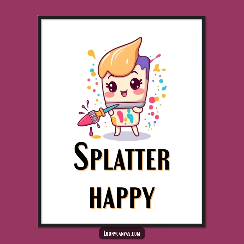 Funny Kawaii Paintbrush Art Print: Manic Glee Splatter Wall Decor Gift