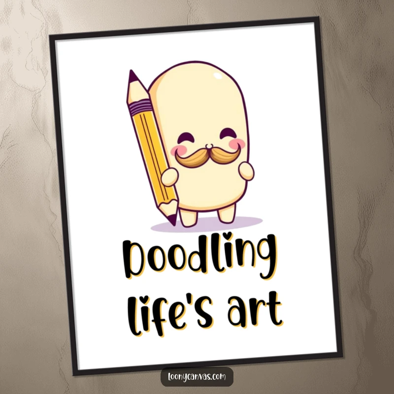 Funny kawaii pencil character in the process of drawing a tiny mustache on a white background, a charming art print.