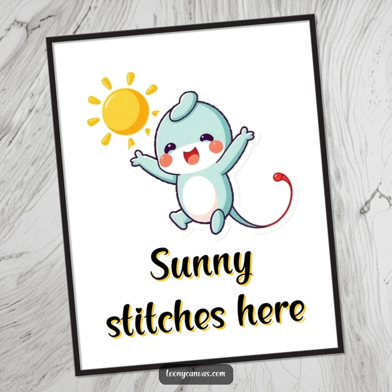 Funny poster featuring a leaping needle character energetically stitching a radiant sun, ideal for adding humorous, creative decor to any space.