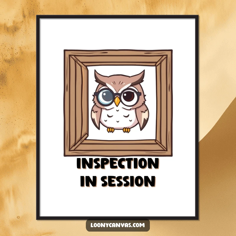 Funny poster of a determined owl wearing a monocle, precisely examining a crooked frame with a critical gaze.