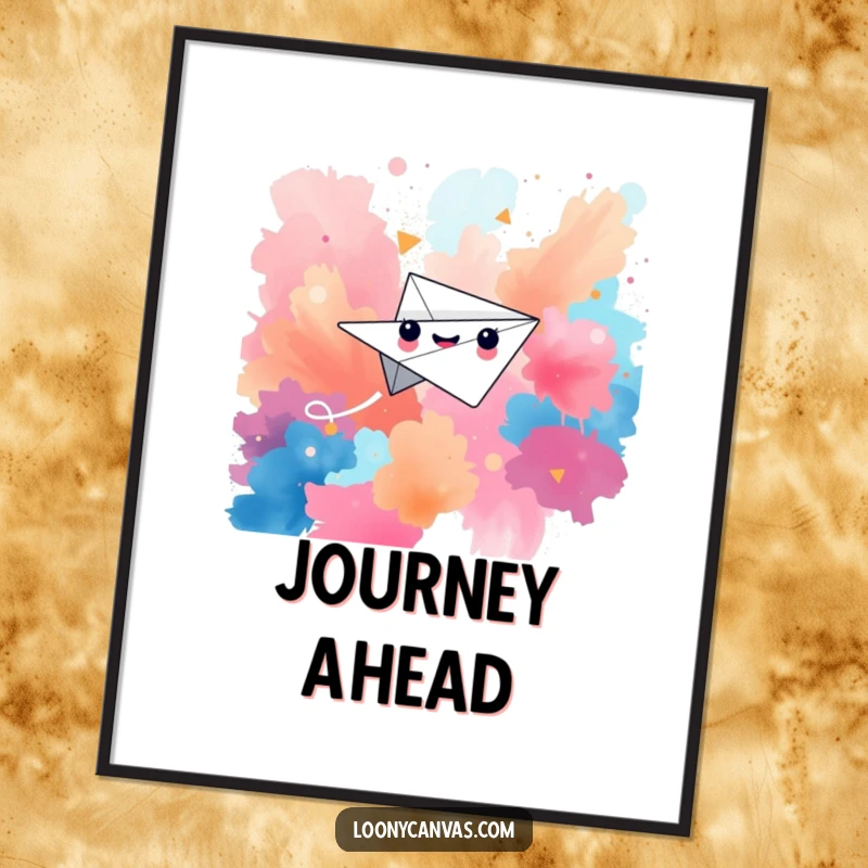Funny poster art of a happy paper airplane character soaring joyfully through a vibrant, abstract, and energetic background.