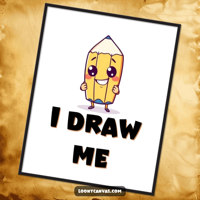 Funny cheeky pencil character with a goofy grin drawing itself on a poster, bringing artistic humor and personality to wall decor.