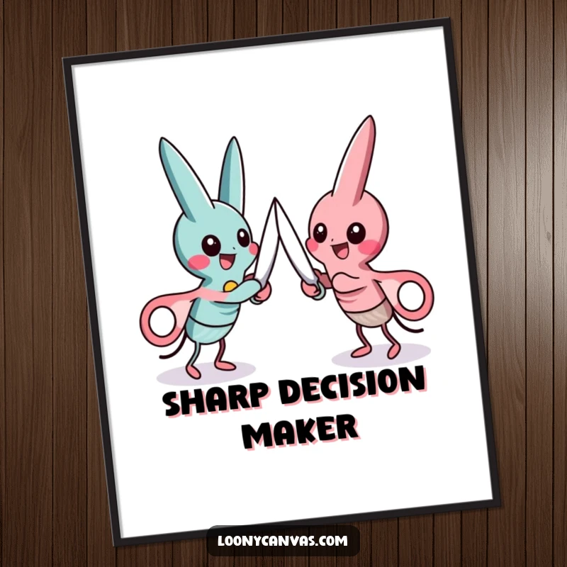 Funny poster art of two playful scissor characters engaged in a friendly, spirited cutting duel, showcasing action.