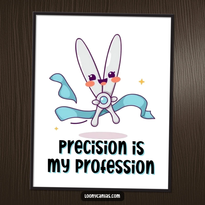 Funny poster depicting a delighted scissors character in the act of happily snipping a flowing ribbon, bringing cheer to any wall.